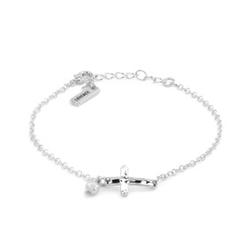 A silver chain bracelet with a silver cross charm.