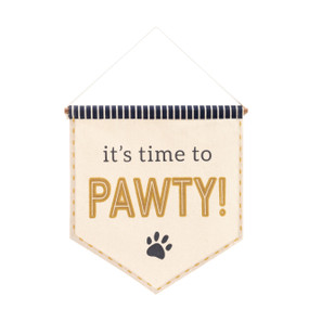 A hanging cream colored banner that says "it' time to pawty" and has a paw print at the bottom.