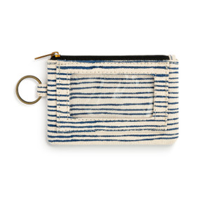 A navy pinstripe ID holder and coin purse with zipper and key chain.