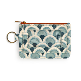 A green and cream scallop patterned ID holder with zippered coin purse and key ring.