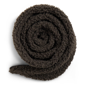 A charcoal colored sherpa scarf rolled and displayed on a white background.