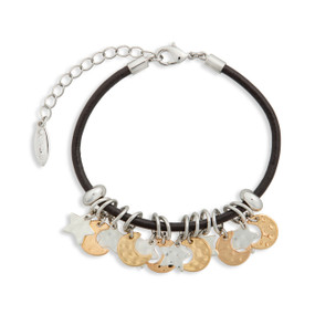A black leather bracelet with 12 charms, 6 with gold moons and 6 of silver stars. The bracelet has an adjustable silver lobster clasp.