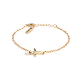 A gold chain bracelet with a gold cross charm.