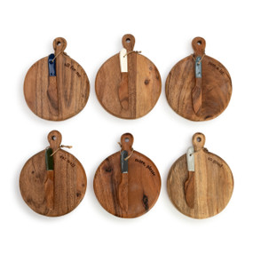 Six mini wood serving boards with different cute saying on them and each with an attached wood knife.