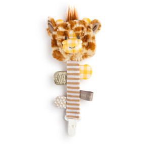 A brown and tan plush giraffe head attached to a brown and white striped ribbon with four sensory tabs and a white clip at the end.