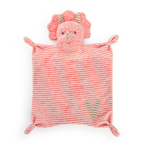 A pink striped dinosaur blankie with a gray fabric heart on its bottom right corner.