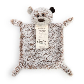 A square shaped, plush, brown and white "Giving Blankie" with a small bear head at the top, and an ivory sentimental cloth tag.
