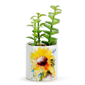 A white ceramic planter with an image of a watercolor sunflower. The planter has a fake green succulent inside.