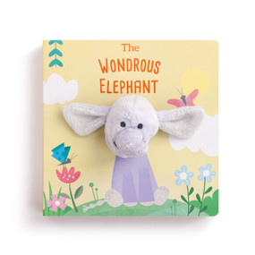 The cover of a small finger puppet book titled "The Wondrous Elephant" with a plush elephant head.