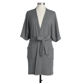 A charcoal gray robe with two pockets and a tie displayed on a mannequin.