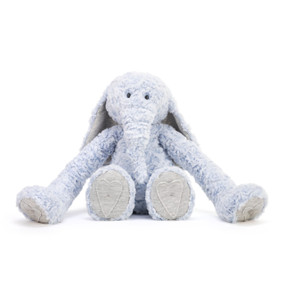 A front facing view of a plush white and lilac elephant with long arms and a heart outline on its paws.