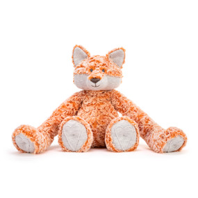A front facing view of a plush white and orange fox with long arms and a heart outline on its paws.