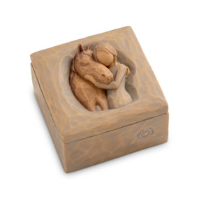 Front view: red-brown square resin box with lid, bas-relief carving of girl embracing horse on lid