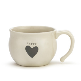 A cream ceramic handled soup bowl with a gray heart and the word "happy"
