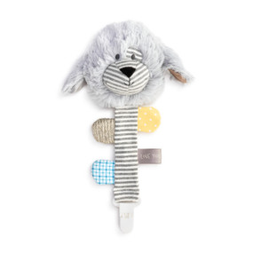 The front view of a gray and white puppy plush head with a gray and white striped fabric ribbon with four sensory tabs and a white clip at the end.