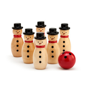 A small bowling game, made up of 6 snowmen pins, and a small red bowling ball.