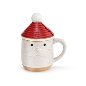 A textured Santa head coffee mug with a red hat lid and a tan base.