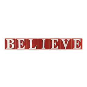 A set of seven red wooden blocks, each with a white letter that spells "Believe".
