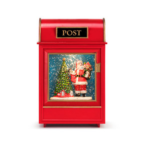 A red mailbox for Santa letters, with gold accents and an image of Santa beside a Christmas tree, holding presents.