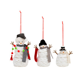 A set of three wool snowman ornaments, each in a different size wearing different accessories, but each with a red string.
