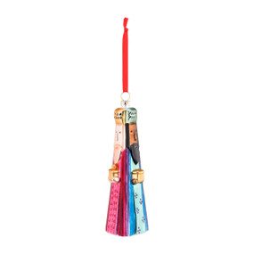A front facing view of a Dimensional multicolor, blown glass ornament of the Three Kings.