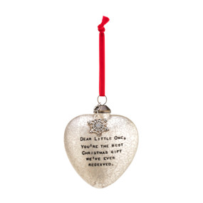 A frosted glass heart shaped ornament with a silver snowflake charm, a red velvet string, and "Dear friend, you're the best Christmas gift we've ever received."