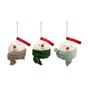 A set of three snowman head ornaments. One with a beige scarf and a red tag that reads "frosty", one with a green scarf and a red tag that reads "merry", and one with a light green scarf and a red tag that reads "jolly".
