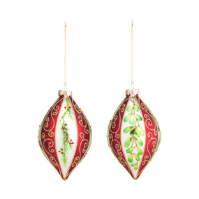 A set of two blown glass teardrop shaped, red and white striped ornaments, with green and gold accents, and a gold string.