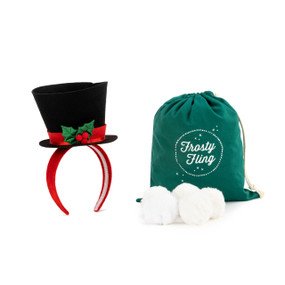 A red and black tophat headband, placed to the left of a green drawstring bag that reads "frosty fling", and 5 soft white balls.