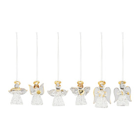 A set of six crystal glass angel ornaments, each with silver and gold accents, and a thin silver string.