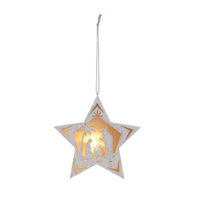 Hanging white wooden star manger scene ornament lit up in gold