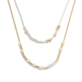 Silver and gold necklace with rods and beads spelling out morse code with the theme of a warrior.