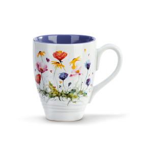 A white handled ceramic mug with a blue interior and a watercolor image of wildflowers.