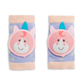 Set of two light pink and purple fabric knee protectors. They have the face of a smiling unicorn on the front in shades of pink.