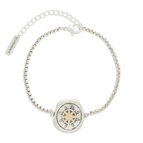 A silver metal bracelet that has a mixed metal charm with a compass image.