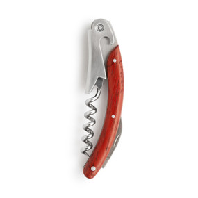 Stainless steel foldable corkscrew with a wood handle, displayed folded together on a white background.