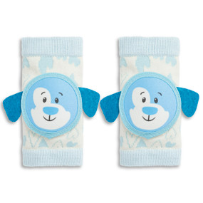Set of two light blue and white fabric knee protectors. They have the face of a smiling puppy on the front in shades of blue.