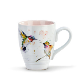 A white ceramic handled mug with a light pink interior and a watercolor image of two hummingbirds.
