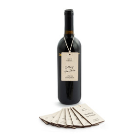 Set of 10 light wood bottle tags each marking a milestone in the planning of a wedding. One is displayed on a wine bottle and the others are fanned out in front.