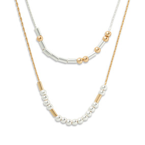 Silver and gold necklace with rods and beads spelling out morse code with the theme of being blessed.
