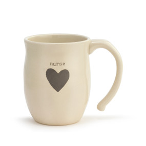Front view of a cream handled ceramic mug that says "nurse" above a dark gray heart.