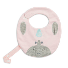 A light pink bib with a unicorn's face in gray. The bib has a hook and loop closure and a long detachable pacifier clip.