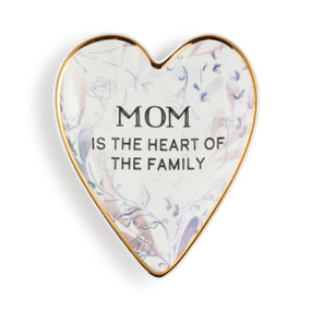 Heart shaped ceramic dish with a gold rim. The interior is pale flowers and says "Mom is the Heart of the Family".
