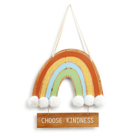 Rainbow shaped wood hanging door decoration with puffy white yarn at the base of the rainbow. There is a smaller sign at the bottom that says "Choose Kindness".