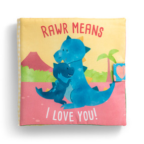 A soft fabric book with two hugging blue dinosaurs on the front titled "Rawr Means I Love You!".