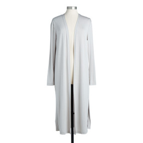 The front view of a light gray long sleeve robe displayed on a mannequin.
