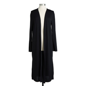 The front view of a black long sleeved robe shown on a mannequin.