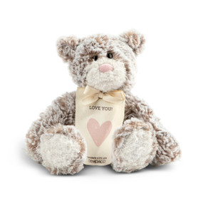 A gray and brown plush bear with a pink nose and a cream tag tied around its neck that says "Love You!"