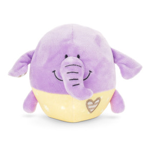 A round purple plush elephant with a yellow base and purple trunk with two purple ears and two short purple paws.