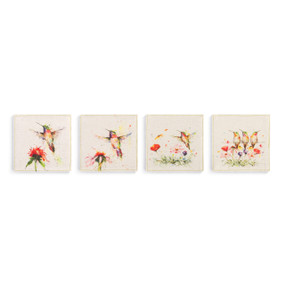 Set of four cream fabric coasters with different images of watercolor hummingbirds and flowers.